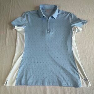 Dunning Golf Women Blue‎ Polka Dot Short Sleeve Performance Polo Shirt Logo SZ L